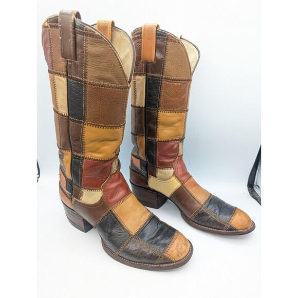 Rare Vtg 70s Larry Mahan Patchwork Leather Cowboy Boots Men 7.5 D / Women 9.5 main image 5
